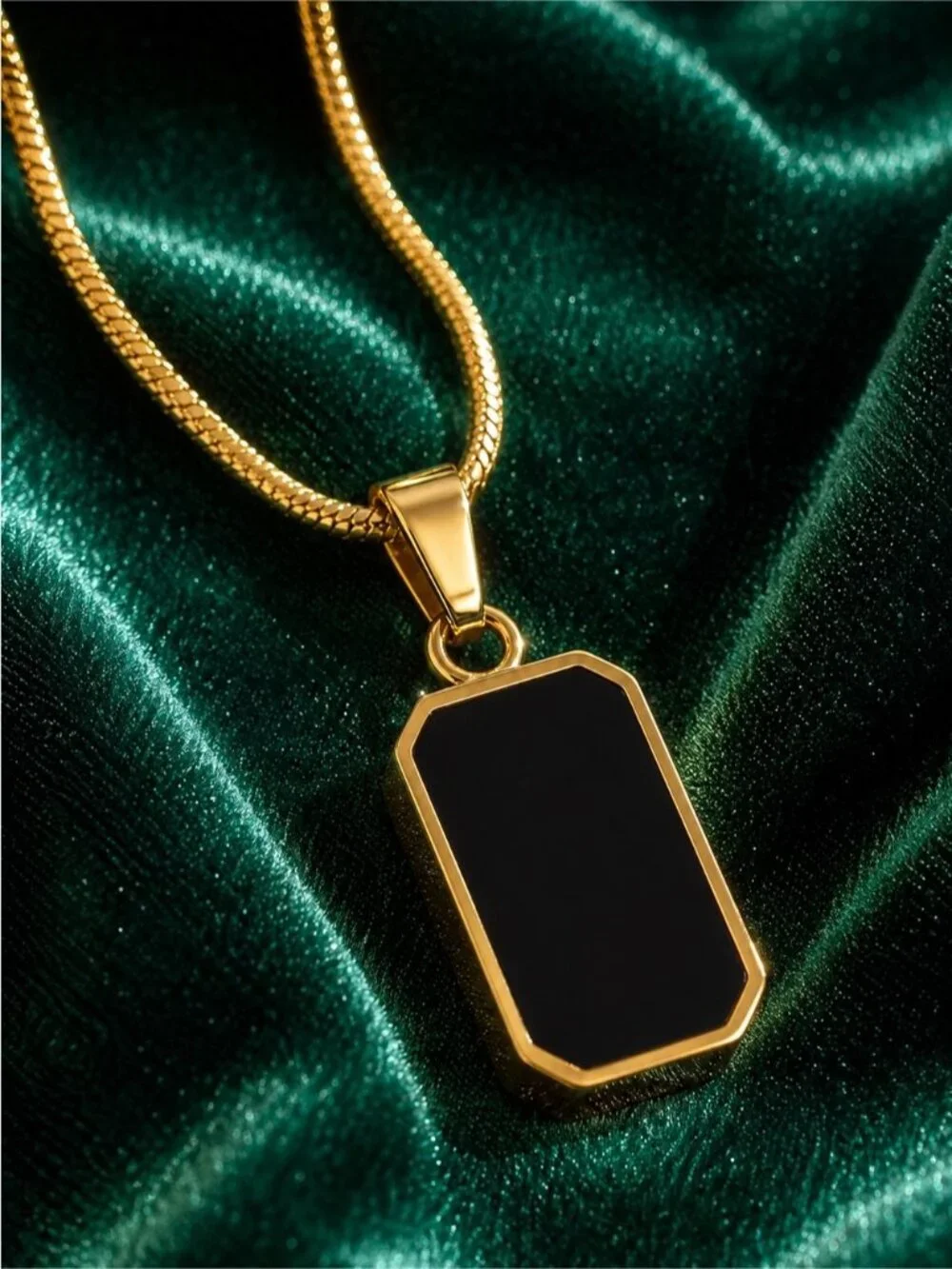 Gold tone double sided Pendant Necklace with Black and White Natural Inlay